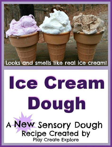 Ice Cream Dough! A totally NEW sensory dough created by Play Create Explore. Looks and smells JUST like ice cream! Ice Cream Dough, Sensory Dough, Melting Ice Cream, Ice Cream Theme, Playdough Recipe, Ice Cream Cones, Ice Cream Party, Ice Cream Shop, Play Food