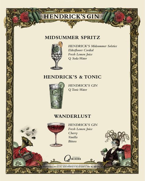 Hendrick's Gin on Behance Hendricks Gin Illustration, Drink Menu Design, Hendrick's Gin, Menu Cover Design, Vintage Cocktails, Cocktail Mixology, Elderflower Cordial, Promo Flyer, Beverage Poster