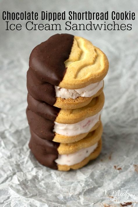 Cookie Ice Cream Sandwiches. Made with shortbread cookies, strawberry ice cream and then dipped in melted chocolate, these Neapolitan Ice Cream Sandwiches are the perfect ice cream treat! If you are looking for Girl Scout cookie recipes, this is on that you must try! #Cookie #IceCream #Strawberry #Chocolate #IceCreamSandwich #CookieIceCreamSandwich Girl Scout Cookie Recipes, Cookie Ice Cream Sandwiches, Gs Cookies, Girl Scout Cookie Sales, Girl Scout Cookies Booth, Cookie Ice Cream, Neapolitan Ice Cream, Ice Cream Cookie Sandwich, Creeper Minecraft