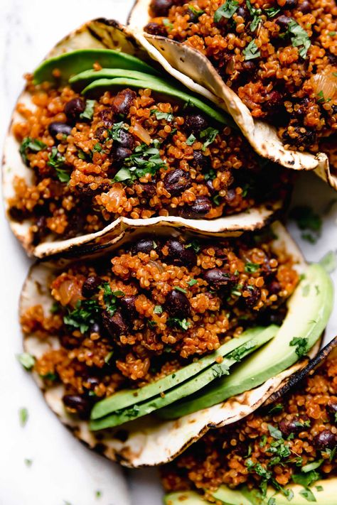 Quinoa Taco Meat, Cilantro Lime Crema, Plantbased Dinner, Vegan Tacos Recipes, Quinoa Tacos, Bean Quinoa, Vegan Journey, Easy Taco Recipes, Lime Crema