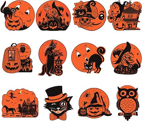 Amazon.com: Vintage Halloween Decorations, 12 Pieces Large Size Double Side Laminated Halloween Cutouts for Halloween Party Decorations, Old Style Halloween Wall Window Decor for Retro Halloween Decoration : Home & Kitchen Retro Halloween Decorations, Halloween Cutouts, Stary Papier, Beistle Halloween, Vintage Halloween Party, Halloween Decor Diy, Vintage Halloween Witch, Chat Halloween, Halloween Retro