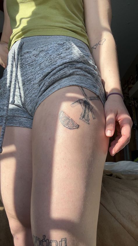 inspired by The Orange by Wendy Cope. sketch and stick and poke by me @neenahbosman . windmill by a friend of mine Orange Wendy Cope Tattoo, Wendy Cope Tattoo, Wendy Tattoo, The Orange By Wendy Cope, Orange Tattoo, Wendy Cope, Stick And Poke, Tatting, Tattoo Ideas