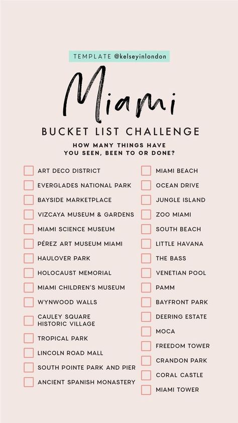 Miami Bucket List Challenge Miami Bucket List, Adventure Quotes Wanderlust, Things To Do In Miami, Miami Vacation, Miami Travel, List Challenges, Ultimate Bucket List, Travel Quotes Adventure, Travel Checklist