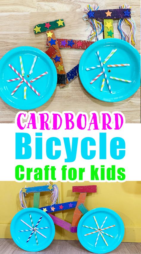 Easy Cardboard Bicycle Craft for Kids - Happy Toddler Playtime Art Craft For Kids, Art And Craft For Kids, Bicycle Crafts, Cardboard Crafts Kids, Craft For Preschoolers, Wheel Craft, Preschool Classroom Decor, Kids Bicycle, Long Cut