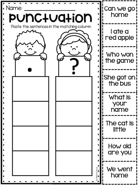 First Grade Punctuation Activities, 2nd Grade Practice Worksheets, Grade One Writing Activities, Punctuation Activities For Kindergarten, Teaching Punctuation First Grade, Full Stop And Question Mark Worksheet, Language Arts Activities For 1st Grade, Punctuation Activities 2nd Grade, Kindergarten Punctuation Activities