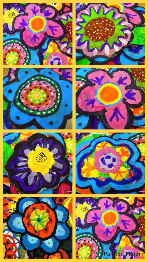 PAINTED PAPER: Painted Paper Flowers and Landscape Projects Spring Art Projects, 2nd Grade Art, 3rd Grade Art, Peter Max, Flowers Painted, Spring Projects, Elementary Art Projects, Kindergarten Art, Collaborative Art