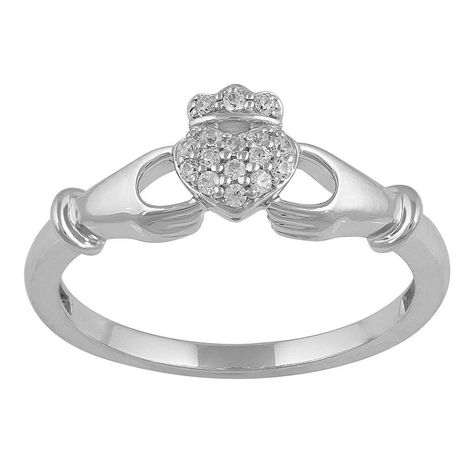 This dazzling sterling silver claddagh ring is the perfect expression of love and loyalty.Click on this JEWELRY & WATCHES GUIDE to learn about fit, styles, materials and more! Width: 21.6 mm Metal: sterling silver Finish: polished Packaging: boxedDIAMOND DETAILS Total weight: 1/10 ct. Color grade: I-J Clarity: I2-I3 Shape: round brilliant Setting: micro prong Diamond weights are approximate. Diamond total weights may vary between .01 and .08 ct. Some diamonds have fewer than 17 facets. Gemstones Diamond Claddagh Ring, Love And Loyalty, Expression Of Love, Silver Claddagh Ring, Claddagh Ring, Claddagh Rings, Right Hand Rings, Solid Metal, Womens Jewelry Rings