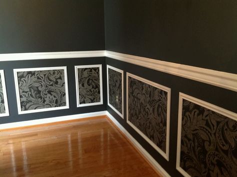 Our Gray Black Silver and White Dining Room. Wallpaper inside Picture Frame Molding, Love how it turned out! Wallpaper Inside Picture Frame Molding, Wallpaper Inside Molding, Bathroom Wainscoting, Molding Ideas, White Molding, Frame Molding, Dining Room Wallpaper, Paint Black, Picture Frame Molding