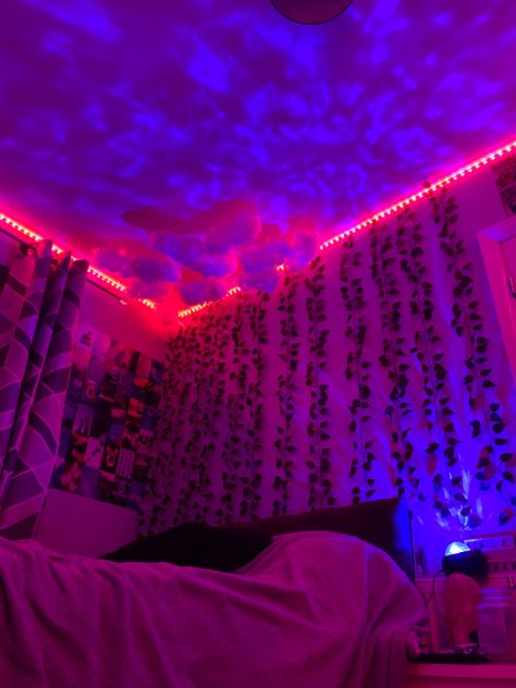 artificial vines, star projector, led lights, clouds Bedroom Inspo Aesthetic Baddie, Neon Room Inspiration, Cute Room Ideas Aesthetic Baddie, Room Ideas Aesthetic Tapestry, Baddie Aesthetic Room, Baddie Aesthetic Bedroom Ideas, Room Ideas Baddie, Baddie Aesthetic Room Decor, Baddie Room Ideas Aesthetic