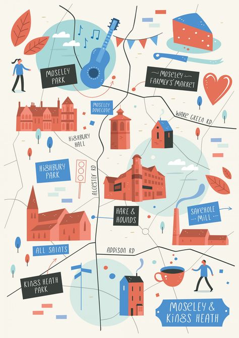 Illustrated map of Moseley and Kings Heath Town Map Illustration, Map Illustration Design Graphics, Italy Map Illustration, Illustrative Map, Woodstock Art, Maps Illustration Design, Maps Illustration, Birmingham Art, Maps Design