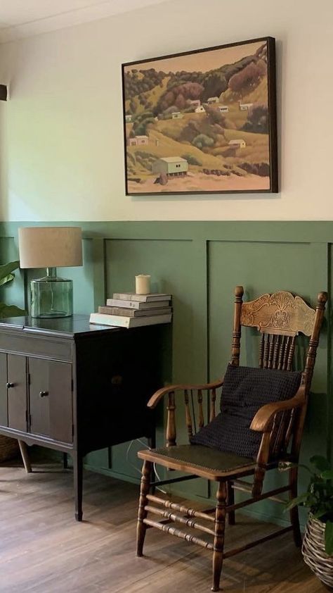 Porters Paints Bayleaf Board and Batten Wall Board And Batten Chair Rail Dining Room, Porters Paints Bayleaf, Green Board And Batten Dining Room, Dark Vintage Dining Room, Batten Wall Dining Room, Office With Green Accent Wall, Olive Green Board And Batten Wall, Green Wainscoting Dining Room, Dinning Room Paint Ideas