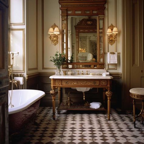 Old English Bathroom Ideas, Simple Victorian Decor, Victorian Appartement, Vintage Bathroom Aesthetic Victorian, Regency Style Bathroom, Victorian Style Decor Modern, Elegant Victorian House, Luxury Traditional Bathroom, Gilded Age Bathroom