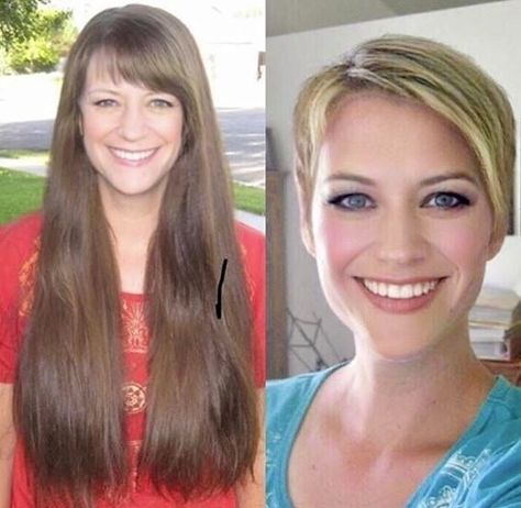 Before/After Short Hairstyles Fly Bra, Before And After Haircut, Dunner Wordend Haar, Costume Noir, American Hairstyles, Long To Short Hair, Super Short Hair, Super Long Hair, Bob Hair