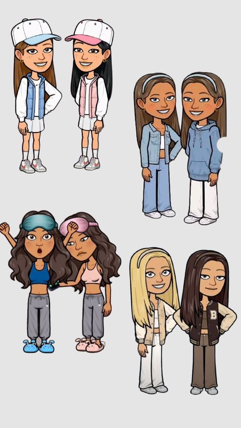 #bitmoji #bff Bitmoji Outfits 3 Friends, Bitmoji Bff Outfits, Duo Bitmoji Ideas, Couple Bitmoji, Snap Avatar, Snapchat Fits, Preppy Bitmoji, Snapchat Halloween, Matching Bitmojis