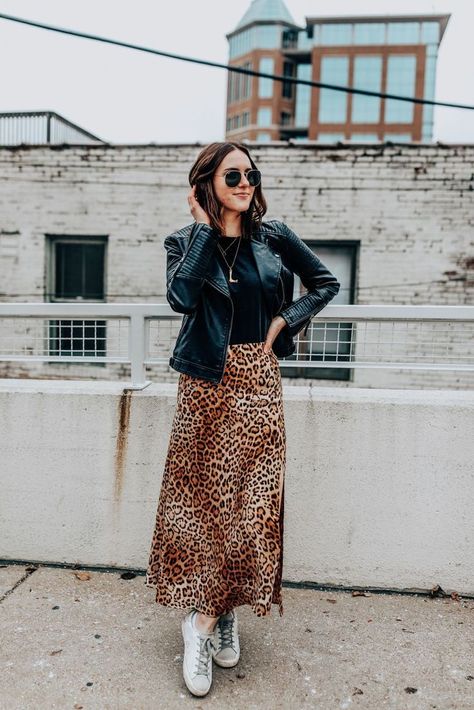 how to wear leopard print | white sneakers | leopard skirt | black tee | leather jacket | oh darling blog Leopard Print Skirt Outfit, Leopard Skirt Outfit, Leopard Maxi Skirts, Printed Skirt Outfit, Animal Print Maxi Skirt, Smart Wardrobe, December Outfits, Leopard Print Outfits, Leopard Print Fashion