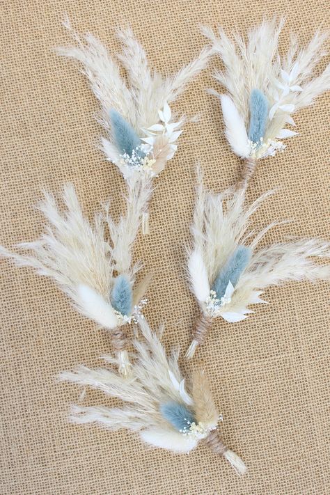 "Mini Dried Flowers/ Boutonniere Natural dried elements including pampas grass and bunny tails. Approximately 5\"-7\" in height. Choose the quantity needed in the drop down box. Stem wrapping may be twine or ivory ribbon. Both will be with exposed stems." Beach Wedding Dried Flowers, Dusty Blue Boho Bouquet, Blue Pampas Wedding, Dusty Blue Boho Centerpieces, Pampas And Blue Wedding, Dusty Blue And Pampas Wedding, Boho Wedding With Blue, Dusty Blue Boho Wedding Inspiration, Dusty Blue Wedding Western