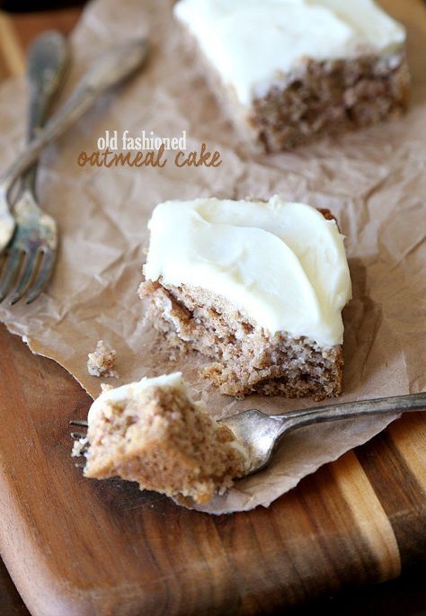 Old Fashioned Oatmeal Cake with cream cheese frosting. So simple and so so good! Oatmeal Raisin Cake, Raisin Cake, Cookies And Cups, Old Fashioned Oatmeal, Oatmeal Cake, Cake With Cream Cheese Frosting, Homemade Cake Recipes, Sweets Cake, Oatmeal Raisin