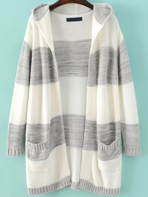 Shein Color Block Hooded Cardigan With Pockets White Long Sleeve Cardigan, Cardigan Ideas, The Cardigans, Cardigan With Pockets, Color Block Cardigan, White Long Sleeve Top, Color Block Top, Hooded Cardigan, Selling Clothes