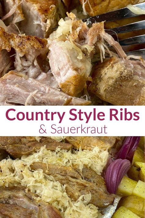 Collage of tender country style ribs and sauerkraut with text Country Pork Ribs And Sauerkraut, Crockpot Saurkraut And Pork Ribs, Country Style Pork Ribs And Sour Kraut, Spareribs And Sauerkraut In Crockpot, Crockpot Country Style Pork Ribs With Sauerkraut, Ribs And Sauerkraut Instant Pot, Country Ribs And Sauerkraut Oven, Country Ribs With Sauerkraut Crock Pot, Country Style Ribs And Sauerkraut Recipe