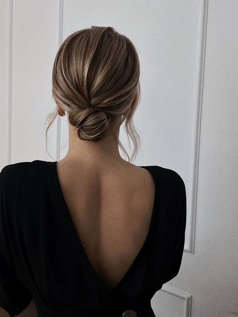 Classic Hair Do, Minimal Bridesmaid Hair, Slick Back Ponytail Medium Hair, Everyday Low Bun Hairstyles, Sleek Low Bun Bridesmaid, Low Bun Face Framing Pieces, Low Bun With Volume On Top, Black Tie Hair Updo, Wedding Hairstyles Hair Up