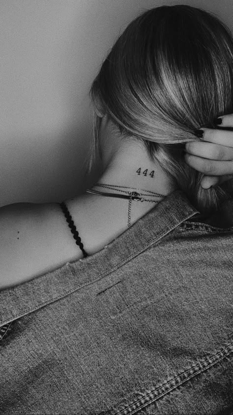 222 Back Of Neck Tattoo, Angel Number Tattoo Back Of Neck, Neck Tattoos Women Number, Back Of Neck Number Tattoo, Neck Tattoo Angel Number, 444 Tattoo Ideas Neck, Number Neck Tattoos Women, Tattoo On The Neck For Women, 444 Tattoo Back Of Neck