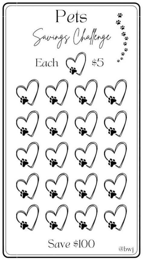 Pets Savings Challenge. Each icon is worth $5. Color in each icon as you cash stuff your savings. At the end of the challenge you will have $100 to go towards your pet savings fund.  Printing Information: *Digital Download  *This is printed on 8.5 x 11 inch US letter size paper  *Once printed, cut and place inside your A7 cash envelope *Color will vary depending on ink and printer Disclaimer: This is a PDF Digital Download. No physical product will be mailed to you. Digital Download will be avai Cash Challenge, Money Challenges, Planning Strategies, Budgeting Ideas, Saving Coins, Saving Money Chart, Money Chart, Budget Challenge, Money Saving Methods