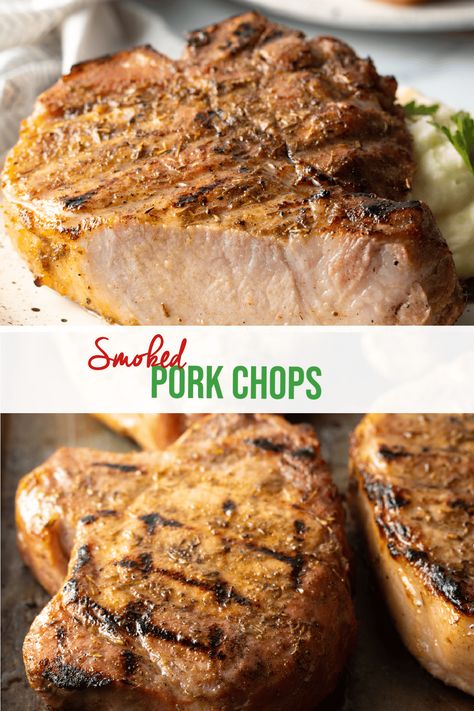 The Best Smoked Pork Chops Recipe - A simple yet flavorful brine is the key to smoking pork chops (bone-in or boneless!) to tender perfection, every time. This fabulously easy smoked pork chops recipe includes step-by-step instructions and top tips! | A Spicy Perspective Pellet Grill Pork Chops, Comfort Food Sides, Pork Chop Brine, Pork Chops Bone In, Traeger Cooking, Thick Cut Pork Chops, Smoked Pork Chops, Thin Pork Chops, Cooking Pork Chops