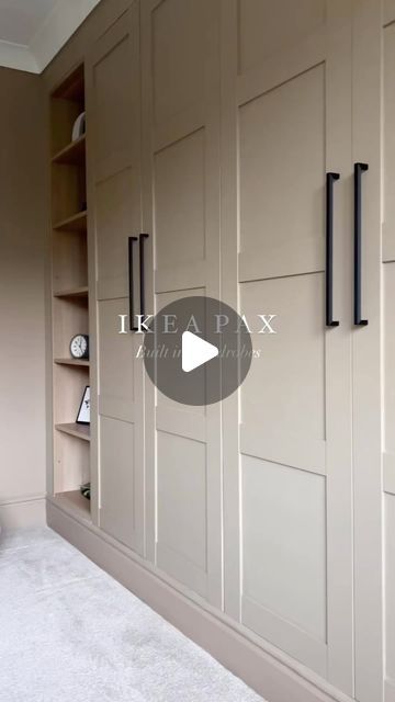 How to create a built in wardrobe with an Ikea Pax and Hendel & Hendel cabinet hardware 💫   Featuring: Battersea Pull Handle in Matt B... | Instagram Ikea Pax Fitted, Bedrooms With Cabinets, Ikea Bedroom Furniture Ideas, Built In Cabinet Storage, Ikea Pax Fitted Wardrobes, Ikea Closet System With Doors, Wall Cabinet Built Ins, Ikea Flisberget Light Beige, Pax Beige Wardrobe