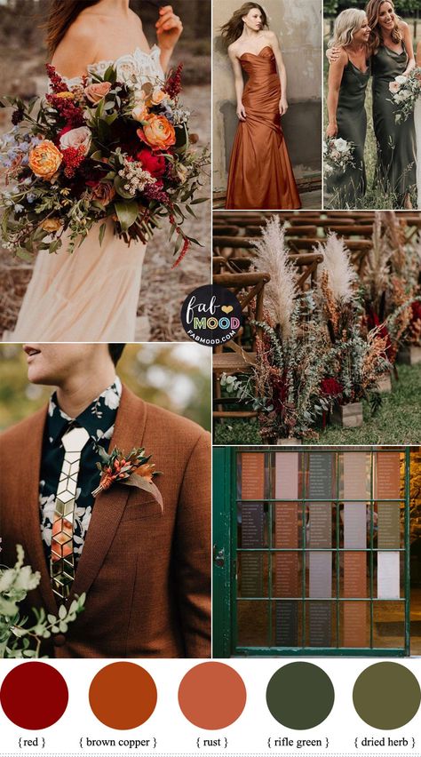 Brown Copper and Rifle Green Color Combos { Subtle Sage Undertones } Fall Wedding Activities, Bug Wedding, Fall Wedding Color Schemes, Wedding Color Pallet, Fall Wedding Color Palette, Green Wedding Colors, Brown Copper, Wedding Palette, Wedding Theme Colors