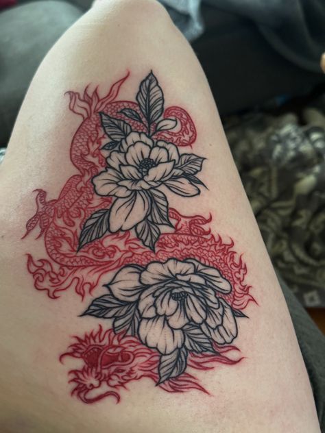 Beautiful Tattoo For Women, Medium Leg Tattoos, Red Ink Thigh Tattoo, Black And Red Tattoos For Women, Red And Black Dragon, Side Thigh Tattoos Women, Dragon Thigh Tattoo, Thigh Piece Tattoos, Butterfly Tattoos On Arm