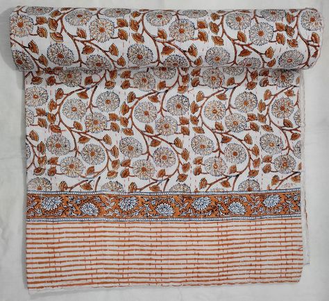 Indian Quilt, Bedroom Quilts, Block Print Quilt, Hand Printed Fabric, Indian Prints, Kantha Blankets, Kantha Bedspreads, Floral Quilt, Twin Quilt