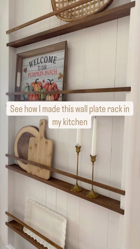 Jenna & Leo | This blank wall in our kitchen was the perfect spot for a wall plate rack. I love how this project turned out and am thrilled with the... | Instagram Diy Plate Display Rack, Hanging Plates In Kitchen, Plates Above Window, Blank Kitchen Wall Ideas Decor, Plate Shelf Display, Kitchen Wall Shelf Decor Ideas, Plate Racks Wall Display, Blank Wall In Kitchen Ideas, Blank Wall In Kitchen