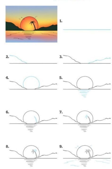 Art Beginners Drawing Step By Step, Landscape Drawing Easy Step By Step, Art Sketches For Beginners Step By Step, Sunset Drawing Easy Step By Step, Drawing Ideas Easy Sunset, Simple Beach Scene Drawing, Sunset Ideas Drawing, How To Draw Sunset Step By Step, Sunset Water Drawing