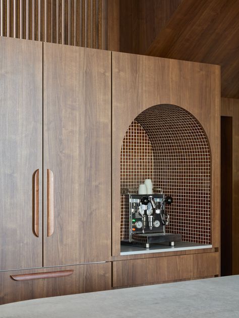 Kitchen Closeup | Vine Street by State of Kin | est living Timber Battens, Kitchen Island Bench, Walnut Timber, Coffee Nook, Est Living, Mid Century Modern Home, Stone Kitchen, Perth Australia, Character Home