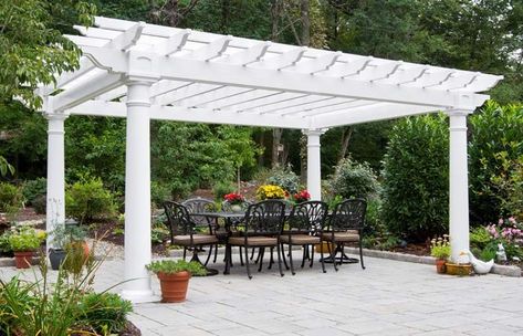 A vinyl pergola provides you with the benefit of shade and a stylish look without the hassles of the real wood. As a unique and practical style of patio White Pergola Patio, Patio Shades, Wisteria Pergola, Pergola Decorations, White Pergola, Vinyl Pergola, Pergola Diy, Pergola Pictures, Steel Pergola