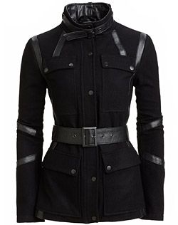 Style # 103050015   NOW $169.00       REG. $349.00      It's all in the details with Brooke, a wool blend with soft leather trim jacket. This slim fit features a stand collar, four flap pockets and a leather belt with metal buckle. This mixed media piece will enhance your overall style. Preppy Men, Gothic Steampunk, Dark Fashion, Leather Jackets Women, Character Outfits, Mode Inspiration, Mode Style, Military Fashion, Black Jacket