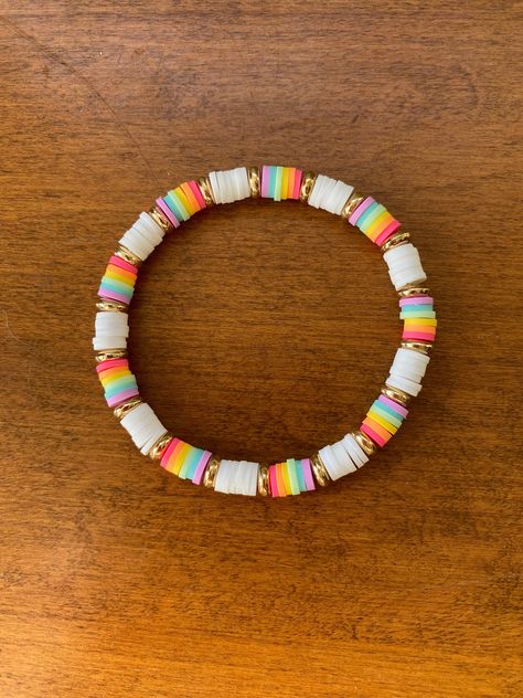 bracelet size is about 6.75 inches :) Clay Bead Shell Bracelet, Rainbow Heishi Bracelet, Clay Was Bracelet Ideas, Preppy Clay Bead Bracelets Ideas Aesthetic, Bread Bracelet Ideas, Ideas For Clay Bead Bracelets, Clay Bracelet Idea, Ideas For Bracelets With Beads, Pretty Clay Bead Bracelet Ideas