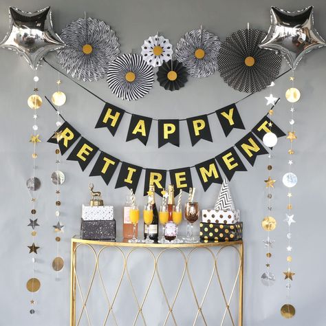 PRICES MAY VARY. Title: Retirement Party Decorations Supplies, Black and Gold Happy Retirement Banner, Folding Paper Fans, Sparkling Star Garlands, Star Shape Foil Balloons. Product Type: Categories > Event & Party Supplies > Decorations > Banners Funny Retirement Decorations, Retirement Decorations For Men, Retirement Party Decorations For A Man, Farewell Decoration Ideas, Retirement Party Ideas Decorations, Retirement Decor, Happy Retirement Decorations, Money Package, Rich Party