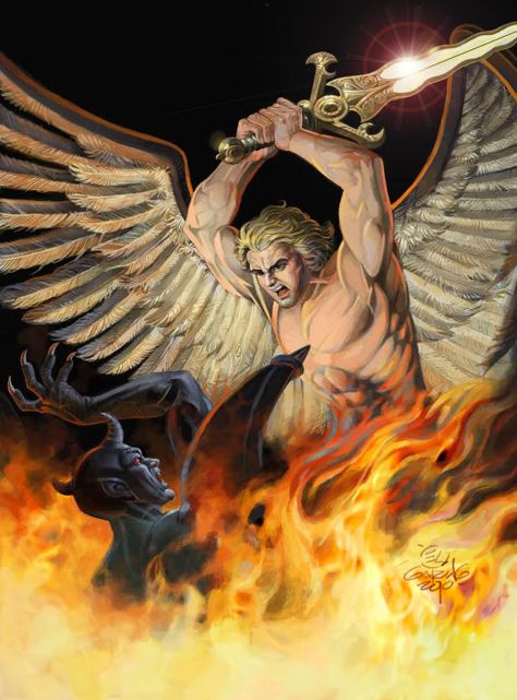 EL Demon and Angel2 by elshazam on DeviantArt Archangel Michael Tattoo, Warrior Angel, Male Angels, Archangel Tattoo, Woord Van God, Angel Warrior, Prophetic Art, Vs Angels, San Michele