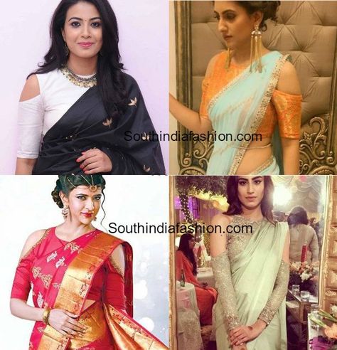 Cold Shoulder Blouse Designs Shoulder Blouse Designs, Cold Shoulder Saree Blouse, Cold Shoulder Blouse Designs, South Indian Wedding Hairstyles, Saree Jacket Designs, Choli Blouse Design, Latest Saree Blouse, Saree Jackets, Pattu Saree Blouse Designs