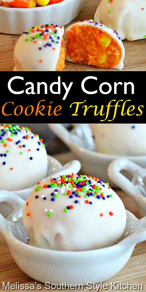 Truffles Oreo, Candy Corn Cookie, Candy Corn Recipe, Sugar Cookies From Scratch, Melissas Southern Style Kitchen, Desserts Halloween, Cookie Truffles, Southern Style Kitchen, Candy Corn Cookies