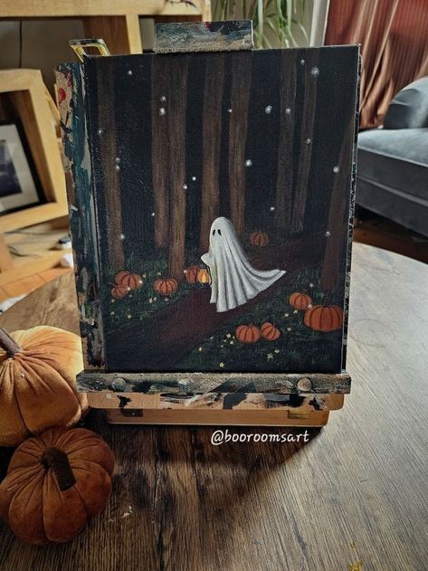 Halloween Ghost Canvas Paintings, Fall Paintings On Canvas Easy Ghost, Spooky Art Inspiration, How To Halloween Paintings On Canvas, Halloween Book Painting, Spooky Ghost Paintings Easy, Painting Ideas On Canvas For Kitchen, Fall Painted Canvas Ideas, Popular Acrylic Paintings