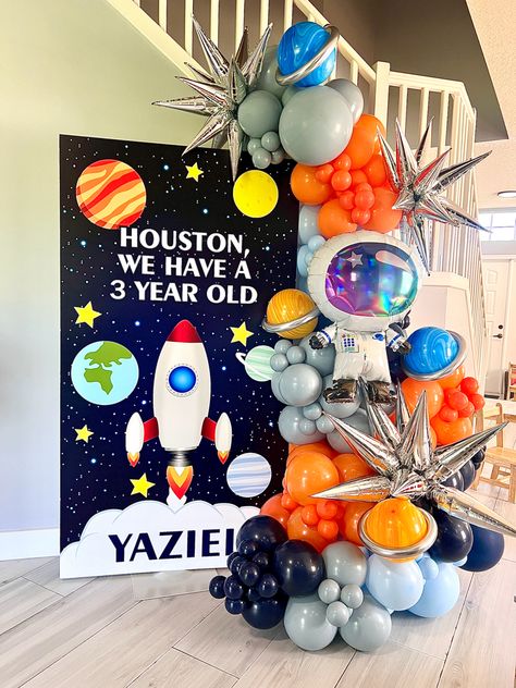 3 2 1 Blastoff Birthday, Outer Space 3rd Birthday Party, 321 Blast Off 3rd Birthday, Three Space Birthday, Rocket Ship 3rd Birthday Party, Astronaut 2nd Birthday, Planets Party Decorations, Astronaut 3rd Birthday Party, Space Themed 3rd Birthday Party Boys