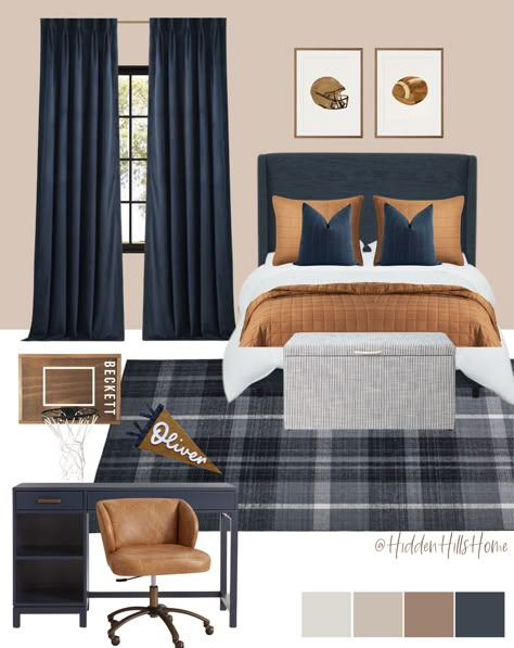 Boy Bedding Ideas, Simple Boys Bedroom, Boys Sports Bedroom, Sports Bedroom Decor, Tilly Upholstered Bed, Teen Boy Bedroom Decor, Masculine Bedroom Decor, Sports Themed Bedroom, Blue Boys Bedroom