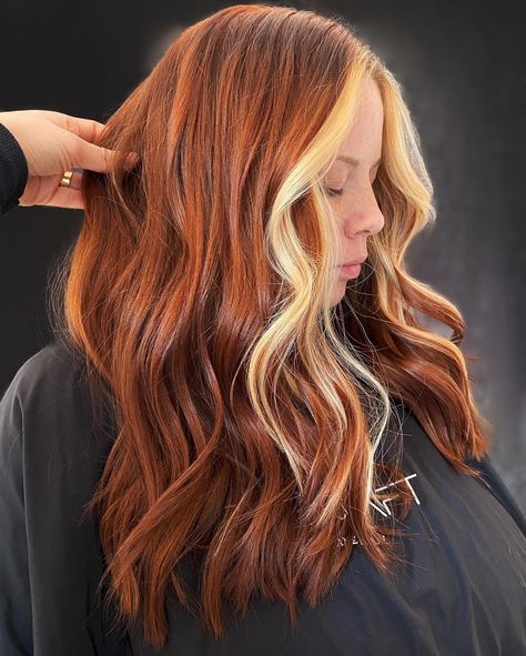 40 Best Money Piece Hair Trend Ideas for 2022 - Hair Adviser Reverse Balayage Red Hair, Short Copper Hair With Money Piece, Red Hair With Money Piece, Red Hair With Blonde Money Piece, Copper Hair With Blonde Money Piece, Piece Bangs, Auburn Blonde Hair, Blonde Money Piece, Red Money