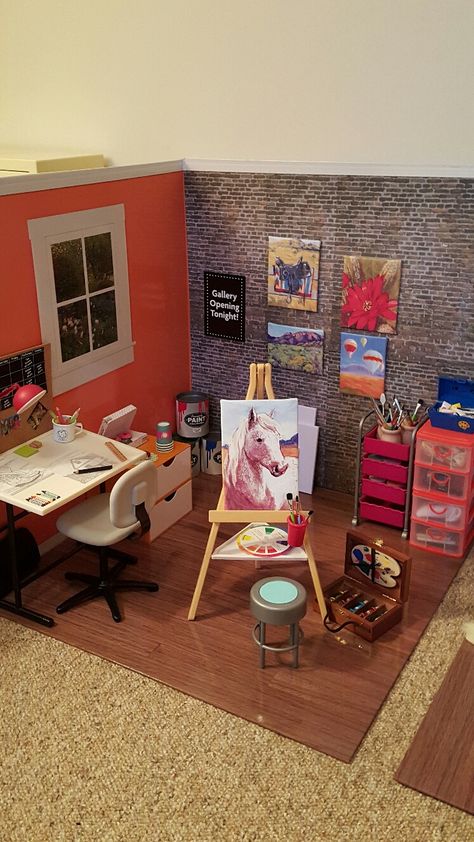 Art Studio Miniature, Miniature Art Studio Diy, Mini Room Diorama, Dollhouse Art Studio, Miniature Room Boxes Diy, Mini Art Studio In Bedroom, Miniature Room Ideas, Mini Art Room, Diy Art Room