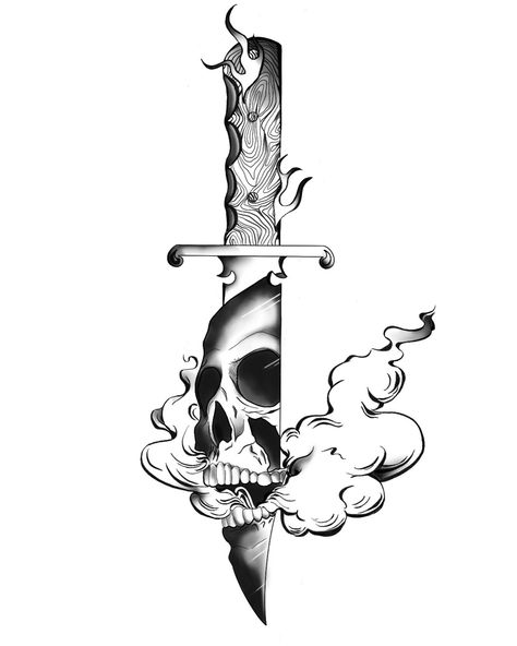 Knife Through Skull Tattoo, Knife And Skull Tattoo, Knife Tattoo Ideas For Men, Skull Knife Drawing, Skull With Knife Tattoo, Knife With Face Tattoo, Knife Hand Tattoo, Tattoo Ideas Knife, Skull Knife Tattoo