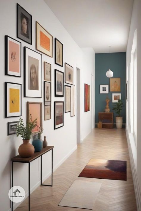 Are you struggling to decorate your hallway? I’ve compiled 10 stunning gallery wall ideas that will transform your space effortlessly! From selecting the perfect artwork to arranging your frames, I’ll share insights that make the process easy and enjoyable. You’ll be inspired to create a beautiful display that showcases your style and adds character to your home. Ready to get started on your hallway makeover?#GalleryWall #HomeStyling #DecorInspo #ArtisticHome #InteriorDesignTips Modern Gallery Wall Hallway, Hall Photo Wall, Gallery Wall Hallway Narrow, Hallway Photo Gallery, Gallery Wall Hallway, Long Narrow Hallway Ideas, Hallway Narrow, Gallery Hallway, Long Narrow Hallway