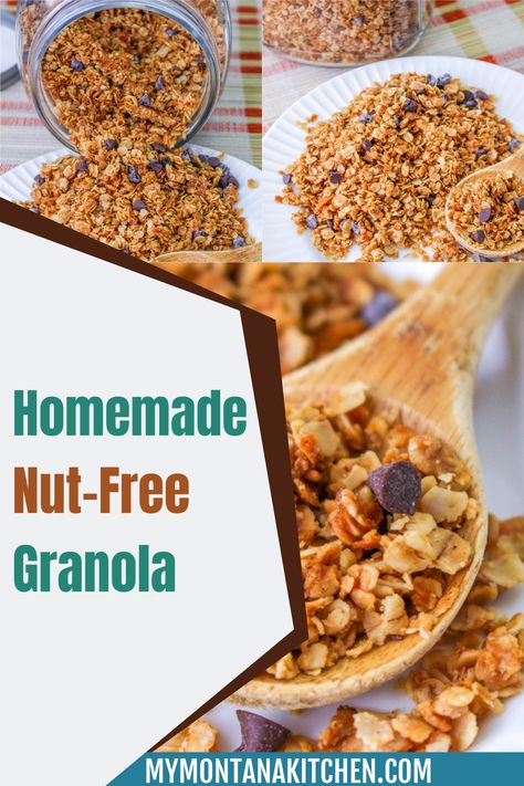 Nut-free granola is a safe option if you have nut allergies, plus it's a versatile snack that you can enjoy any time of the day. This homemade nut-free granola recipe is peanut free, almond free, and cashew free. With only 5 minutes of prep time, you'll have delicious and easy nut free granola in no time! Nut Free Granola Recipe, Nut Free Granola, Montana Kitchen, Low Carb Granola, Granola Recipe Homemade, Chewy Granola, Trim Healthy Mama Recipes, Homemade Granola Bars, Candy Drinks