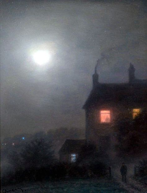 Steve Outram (b.1953) - Under the Rising Moon. Moon In The Sky, Moonlight Painting, Mary Cassatt, The Fog, Night Painting, Night Art, Night In, Dark Art, Aesthetic Art